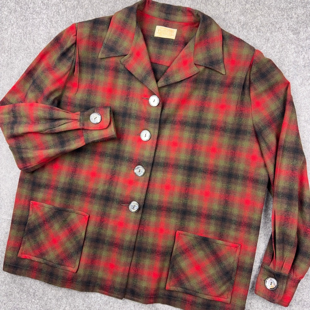 VTG Pendleton Shirt Jacket Womens XL Red Olive Ombre Plaid 49er Wool 50s 60s USA